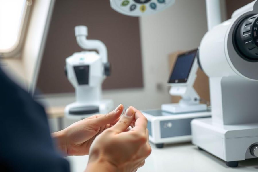 Optometrist examining an eye chart in a clinic. Close-up of hands holding the chart, with diagnostic equipment in the background. Focus on eye care and vision testing.