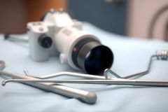 Dental instruments, including probes and mirrors, are arranged on a blue surface. Close-up view showcasing the metallic tools used in dental procedures.
