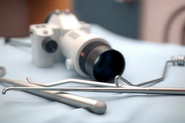 Dental instruments, including probes and mirrors, are arranged on a blue surface. Close-up view showcasing the metallic tools used in dental procedures.