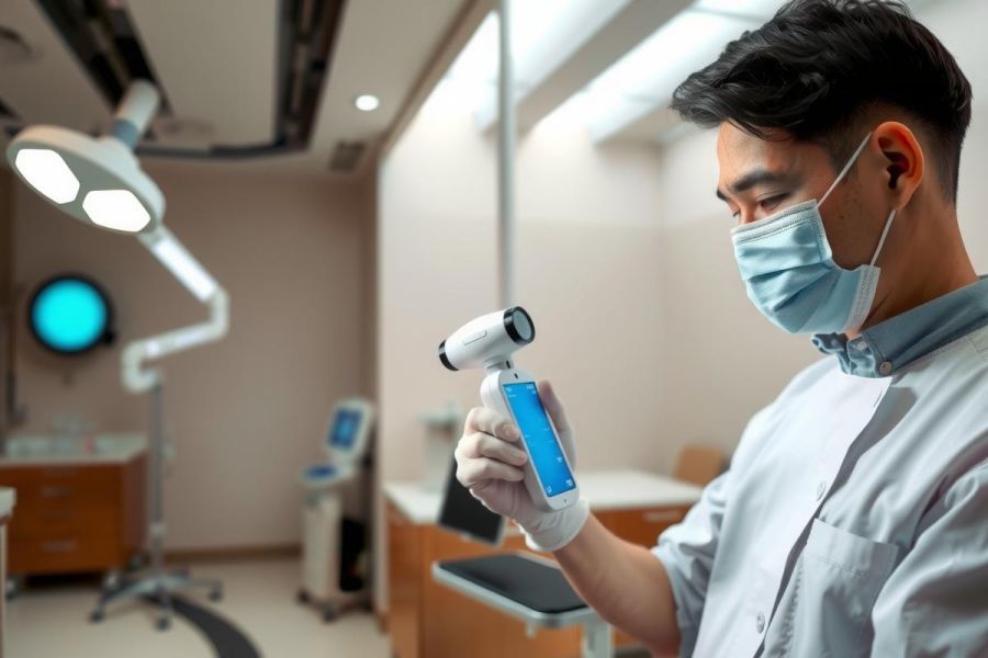 A doctor in a white coat and mask examines a patient using an otoscope in a medical office. The scene showcases healthcare professionalism and diagnostic procedures.