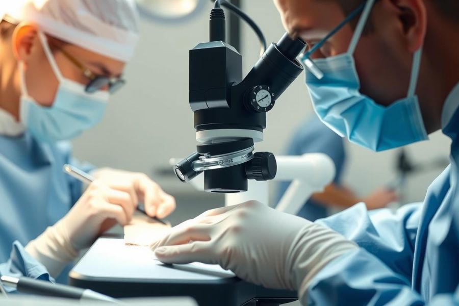 Medical professionals in surgical masks and gloves examine tissue under a microscope. Close-up of a laboratory setting, highlighting scientific research and analysis. Sterile environment, white and blue tones.