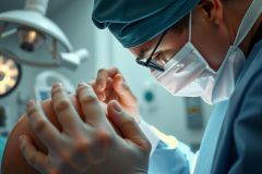 Surgeon performing a procedure. Close-up view of hands in sterile gloves under bright operating room lights. Focus on medical expertise and precision.
