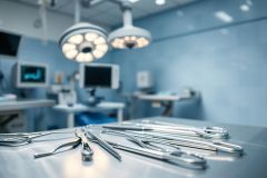 Surgical instruments laid out on a sterile surface in a bright, blue operating room. Medical equipment and lights are visible in the background, showcasing a clean and professional healthcare environment.