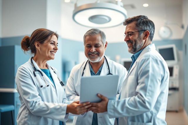 Three doctors in white coats consult over a tablet in a modern, brightly lit hospital setting. A collaborative medical team reviewing patient data, showcasing healthcare professionals and clinical practice. Blue and white color palette.
