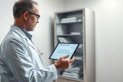 Doctor examining patient data on a tablet in a modern office setting. The image features a male physician in a white coat, analyzing graphs and charts against a backdrop of bookshelves. Focus is on healthcare technology and medical analysis.