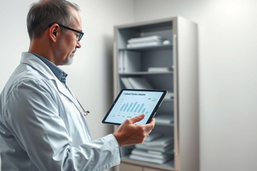 Doctor examining patient data on a tablet in a modern office setting. The image features a male physician in a white coat, analyzing graphs and charts against a backdrop of bookshelves. Focus is on healthcare technology and medical analysis.