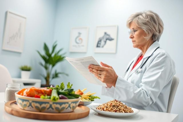 A female doctor in a white coat reviews paperwork beside a healthy salad and grain dish. The scene suggests nutritional consultation or dietary planning in a bright, modern office setting. Focus on health, wellness, and medical nutrition.