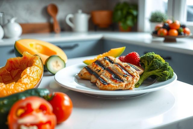 Grilled chicken on a white plate with fresh vegetables like broccoli, tomatoes, and squash. Healthy meal prep, balanced diet, and vibrant food photography with a clean kitchen backdrop.