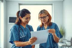 Two medical professionals in scrubs examine a patient chart in a brightly lit clinic setting. The image portrays healthcare teamwork and review of medical records.