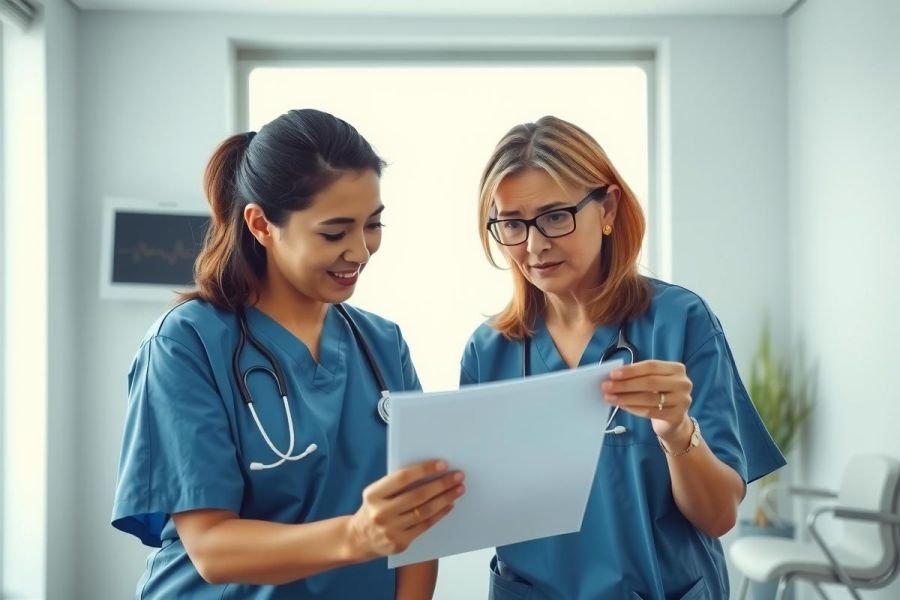 Two medical professionals in scrubs examine a patient chart in a brightly lit clinic setting. The image portrays healthcare teamwork and review of medical records.