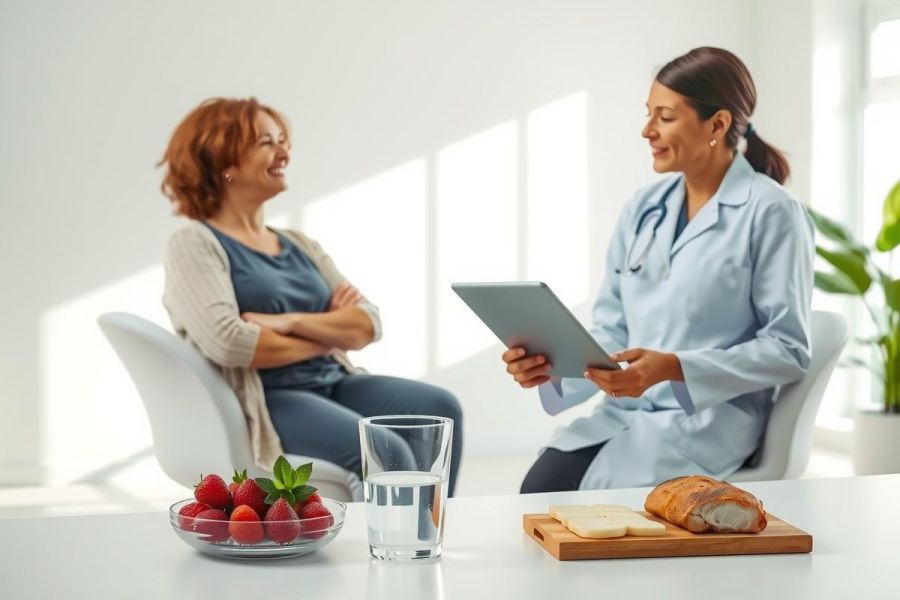 Doctor consults with a patient in a bright, modern office. A tablet displays information during the discussion. Healthy food like strawberries and bread are on display. Warm and inviting setting.