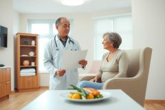 A doctor discusses paperwork with a patient in a comfortable home setting. The scene shows a healthcare professional and senior woman in a living room with natural light and a healthy snack on a table.