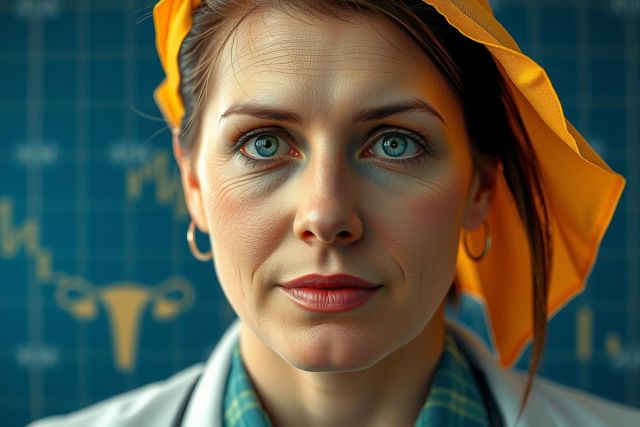 The image shows a female character wearing a lab coat and an apron with medical charts in the background. The setting appears to be a clinical or hospital environment, indicated by the presence of medical symbols on the wall.