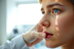 Close-up portrait of a young woman with blue eyes, looking pensive. Soft lighting highlights her features in a natural, candid moment. Minimalist aesthetic, warm tones.