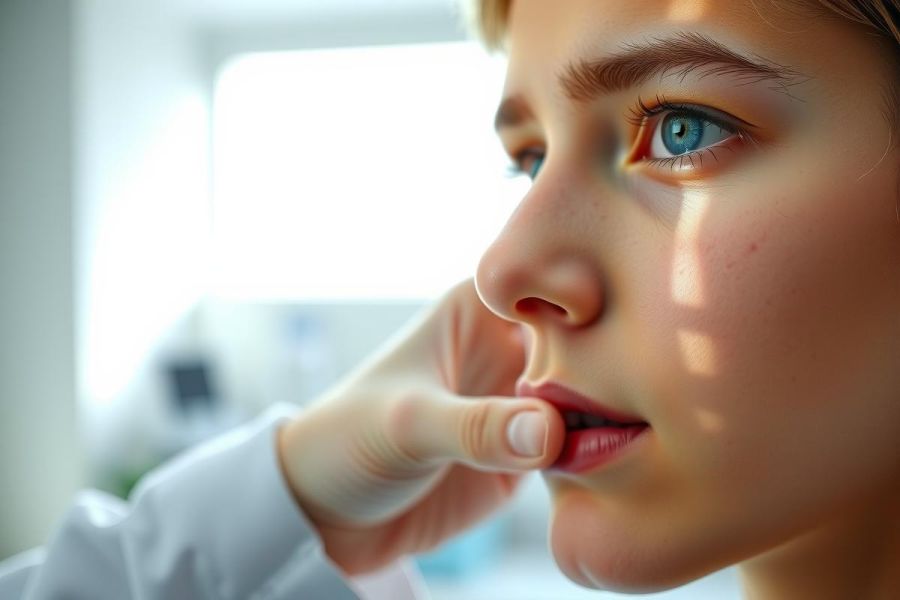 Close-up portrait of a young woman with blue eyes, looking pensive. Soft lighting highlights her features in a natural, candid moment. Minimalist aesthetic, warm tones.