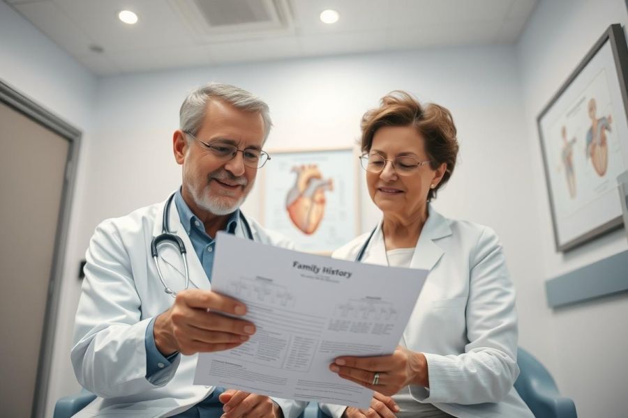Two doctors in white coats review a family history form in a bright, modern medical office. Focus on healthcare, patient records, and medical consultation. Predominantly white and neutral tones.