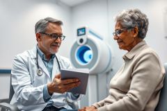 Doctor consults with a senior patient in a modern medical clinic. The scene includes an MRI machine and focuses on healthcare, patient care, and medical diagnostics. Warm lighting highlights the doctor and patient, emphasizing a positive consultation experience.