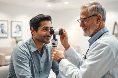 Optometrist examining a patient's eyes in a clinic. A doctor uses an ophthalmoscope on a smiling man during an eye exam. Healthcare, vision care, and medical checkup themes are present.