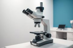 Close-up of a modern laboratory microscope on a white surface. The image showcases a science environment with a bright blue wall in the background and a laptop visible on a desk. Focus is on the microscope's details, suggesting research or medical analysis.
