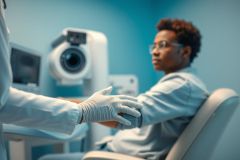 Eye exam in a modern clinic. A young man sits receiving an eye scan from a healthcare professional wearing gloves. Blue walls and medical equipment create a clinical setting. Focus on eye health and preventative care.