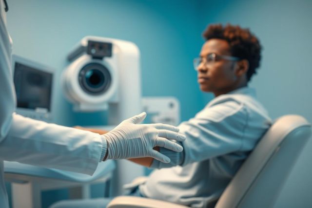 Eye exam in a modern clinic. A young man sits receiving an eye scan from a healthcare professional wearing gloves. Blue walls and medical equipment create a clinical setting. Focus on eye health and preventative care.