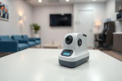 Modern office setting featuring a portable document scanner on a white table. Blue seating and a large screen display create a professional environment. Focus is on the scanner, showcasing technology and business solutions.