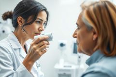 Doctor performing eye exam on patient in a bright, modern clinic. Focus on healthcare, vision test, and professional medical setting with neutral colors. 