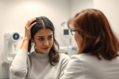 Young woman in a medical clinic examining her face in a mirror. She appears thoughtful in a neutral-toned sweater, with a healthcare professional nearby. The setting is a clean, modern examination room with medical equipment visible. Focus on self-reflection and healthcare.