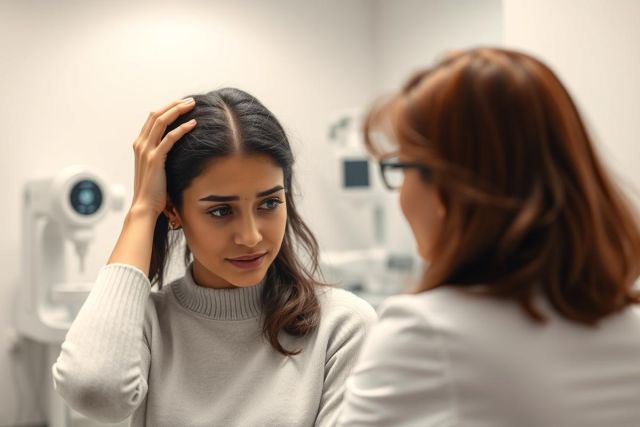 Young woman in a medical clinic examining her face in a mirror. She appears thoughtful in a neutral-toned sweater, with a healthcare professional nearby. The setting is a clean, modern examination room with medical equipment visible. Focus on self-reflection and healthcare.