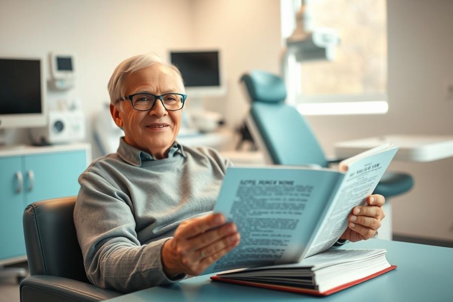 Elderly man with glasses reading sheet music in a bright, modern dental office. Gray sweater, blue chairs, and medical equipment visible. Senior citizen, music, healthcare.