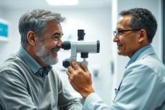 Eye exam in a bright, modern clinic. An optometrist checks a mature man's vision with a handheld instrument. The scene features a focus on healthcare, eye care, and a friendly doctor-patient interaction with warm, neutral tones.