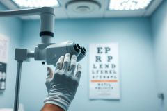 Eye exam equipment in a clinical setting. A gloved hand adjusts a slit lamp device against a background featuring an eye chart. The scene utilizes cool blue tones and suggests an optometry or ophthalmology practice. Healthcare, vision test, medical equipment.