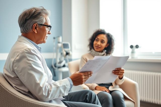 Doctor and patient consultation in a bright, modern clinic. A senior doctor examines medical documents while a young woman looks on, creating a healthcare discussion scene. Blue walls and natural light contribute to a professional and welcoming atmosphere.