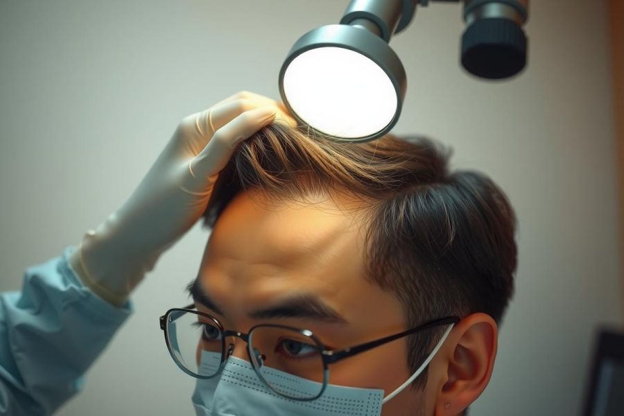 Medical professional in surgical mask and gloves examines patient under a bright surgical lamp. Focus on close-up view with clinical setting and healthcare context.
