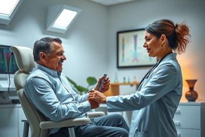 A female doctor examines a patient in a clinic setting. She is holding a device while speaking with him. The room has a warm, professional atmosphere with medical equipment visible.