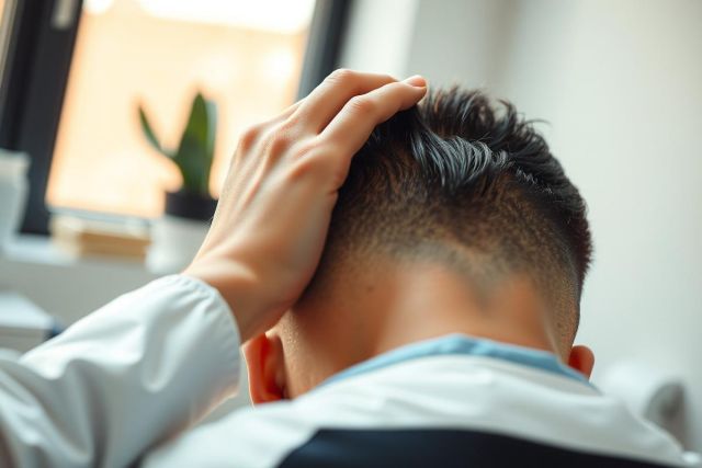 Man scratching his head, viewed from behind. Casual setting with natural light and plants visible. Focus on contemplative moment, suggesting thought or frustration.