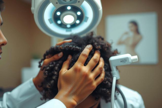 Medical examination: A doctor examines a patient's head with a bright light, likely in a clinical setting. Focus on detail and professional healthcare environment.