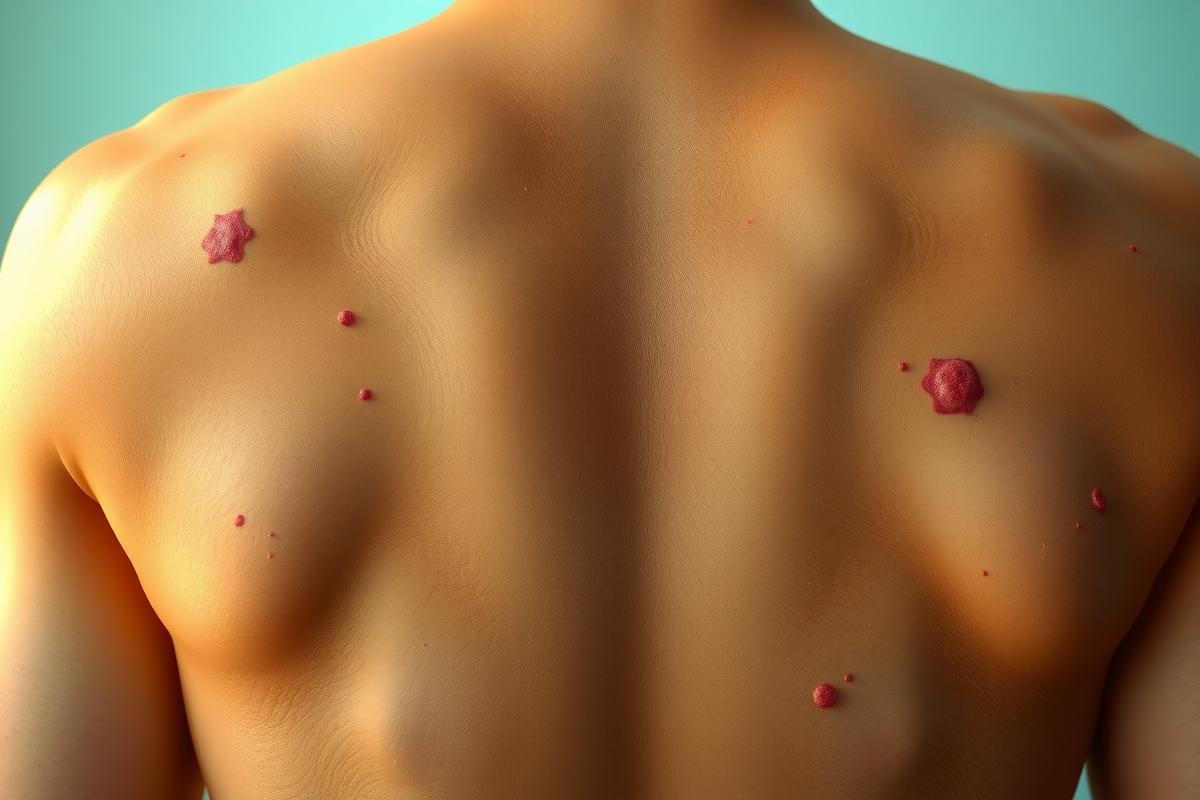Image of human back with numerous red pimples or marks, possibly related to medical issues or skin conditions.