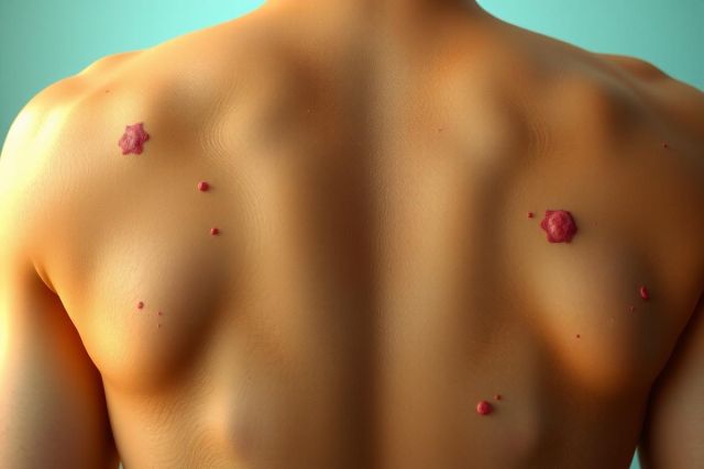Image of human back with numerous red pimples or marks, possibly related to medical issues or skin conditions.