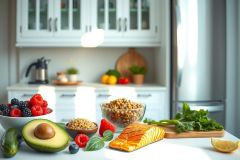Healthy breakfast ingredients: salmon, avocado, berries, granola, and leafy greens arranged on a kitchen counter. Vibrant colors and fresh produce showcase a nutritious meal.