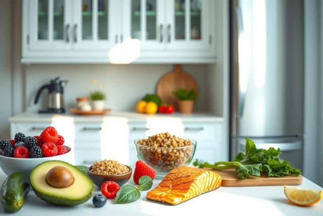 Healthy breakfast ingredients: salmon, avocado, berries, granola, and leafy greens arranged on a kitchen counter. Vibrant colors and fresh produce showcase a nutritious meal.