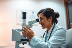 Female doctor in white coat examining a sample under a microscope in a bright, modern laboratory. Focus on scientific research, healthcare, and medical analysis. Warm lighting and neutral tones create a professional atmosphere.
