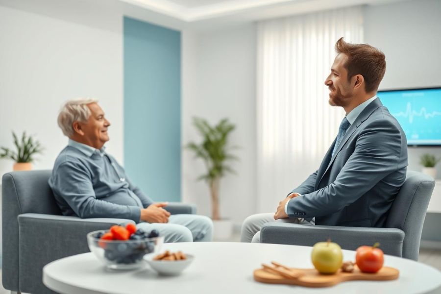 Senior man and young professional discussing health in a modern, bright living room. Focus on wellness, healthcare consultation, and lifestyle. Blue and gray tones with fresh fruit on a table suggest healthy living and medical advice.