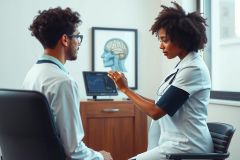 Doctor examining a patient in a clinic. Healthcare professional wearing a white coat and stethoscope, engaging in a consultation. Medical setting with equipment visible. Professional healthcare scene.