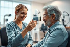 Optometrist examining an elderly patient's eyes in a modern clinic. A smiling female healthcare professional uses a handheld device during an eye exam. The scene features soft lighting and a clean, professional environment, showcasing healthcare and vision care services.