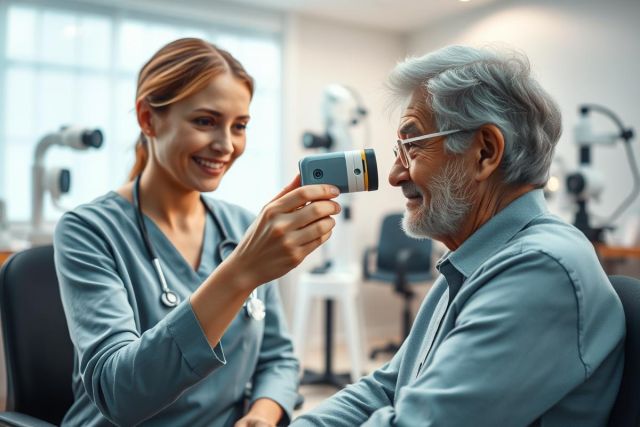 Optometrist examining an elderly patient's eyes in a modern clinic. A smiling female healthcare professional uses a handheld device during an eye exam. The scene features soft lighting and a clean, professional environment, showcasing healthcare and vision care services.