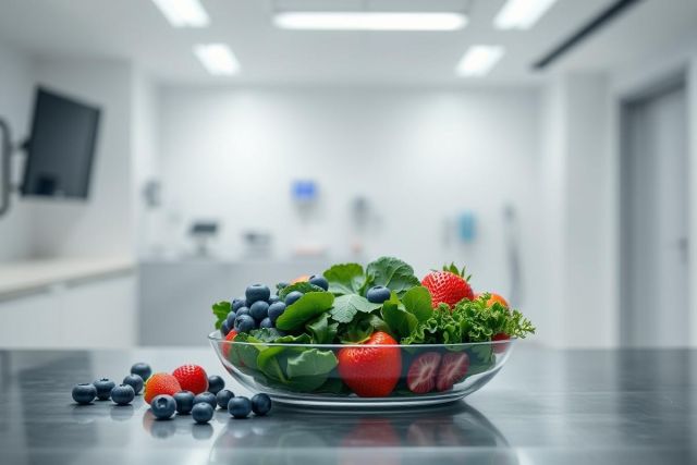 Fresh fruit salad in a glass bowl with blueberries, strawberries, and greens. Bright, clean modern setting with white walls and a blurred background. Healthy food, vibrant colors, and a focus on wellness.