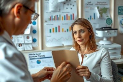 In this image, a professional setting is depicted where two individuals are engaged in what appears to be a business or medical-related consultation. A woman dressed in a white blouse and stands at a table with various charts and graphs, suggesting an office environment. The other individual, wearing a suit jacket and holding a document, seems to be presenting the information to the woman. Their attire and surroundings indicate a formal or professional context.