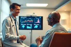 Doctor discusses medical results with patient in a clinic setting. The image features a healthcare professional and a patient, with a monitor displaying graphs in the background. Focus on medical consultation and patient care.