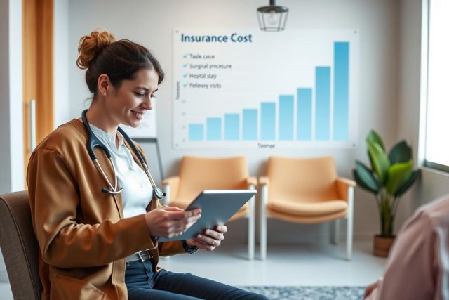 The image depicts a professional setting with a female doctor in the foreground. She is wearing a brown jacket, indicating that she may be reviewing patient data or information on a tablet screen she is holding. The office setting includes a reception area with chairs and potted plants, evoking a modern and inviting clinic atmosphere.